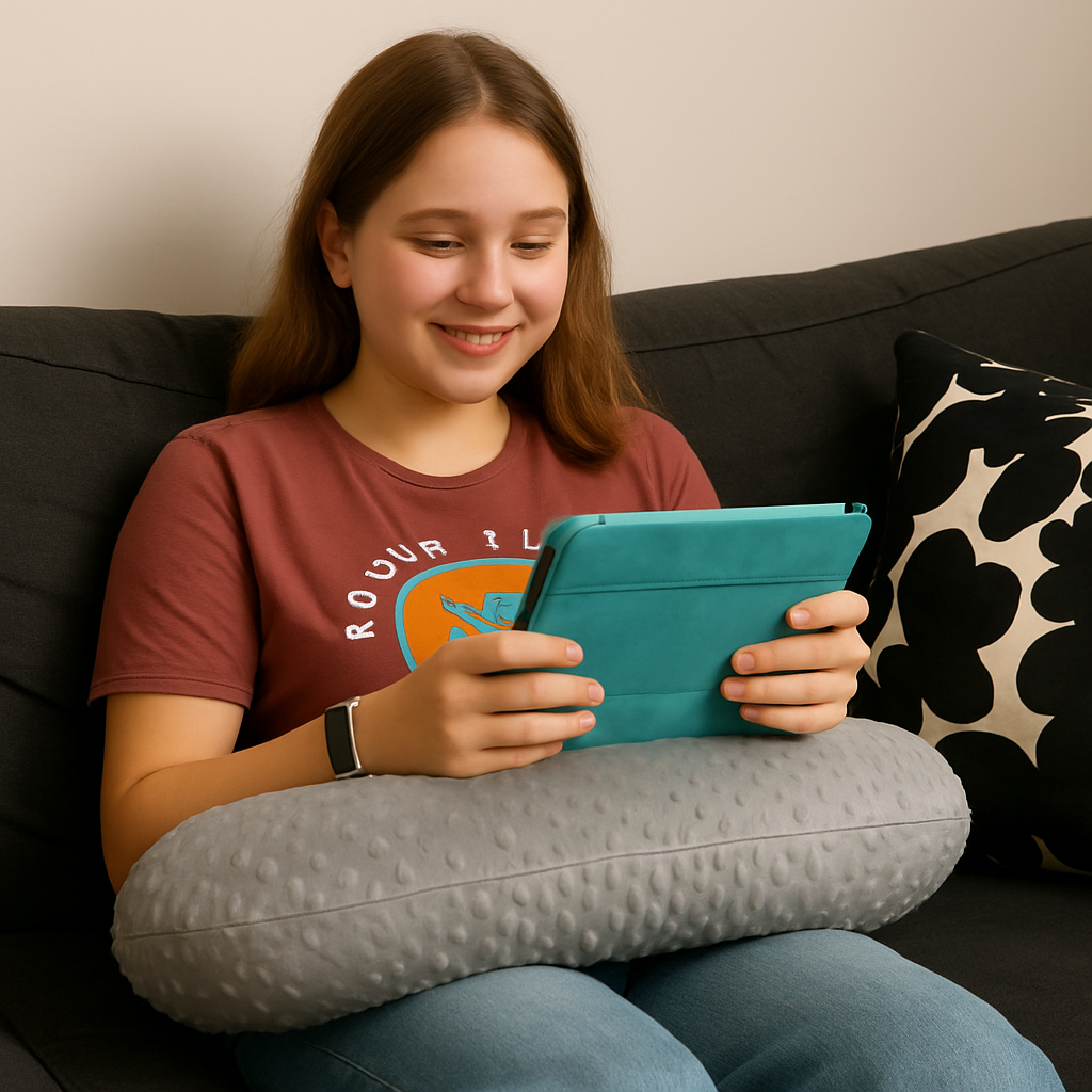 Woman sitting on a couch using a teal tablet with a gray pillow on her lap.