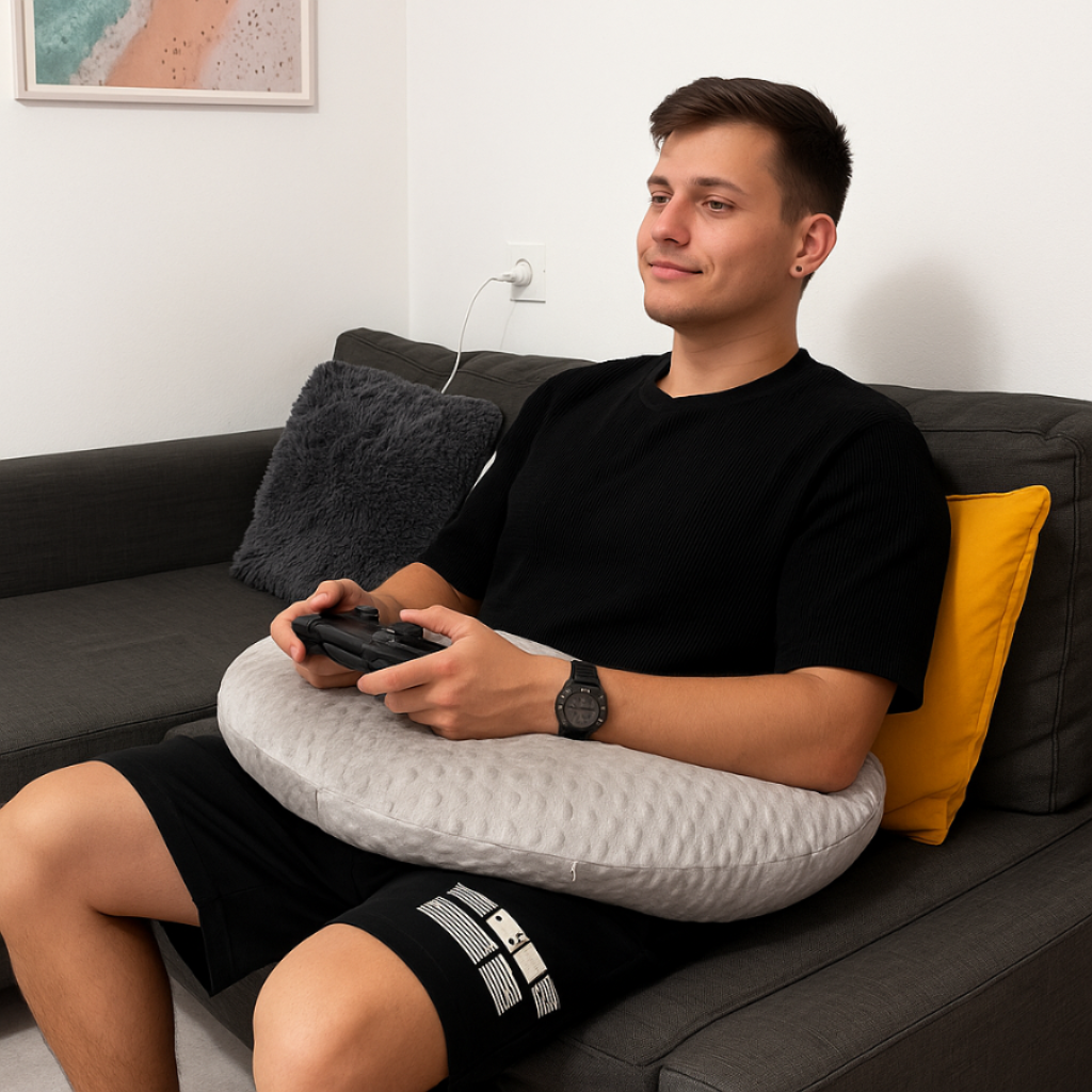 Man sitting on a couch with a pillow under his back, holding a remote control.